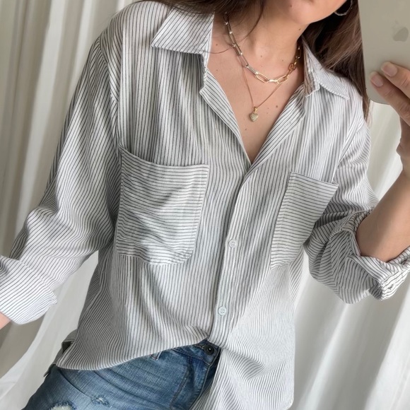 Classic Striped Button-Up Shirt—Ivory/Black - Picture 3 of 14